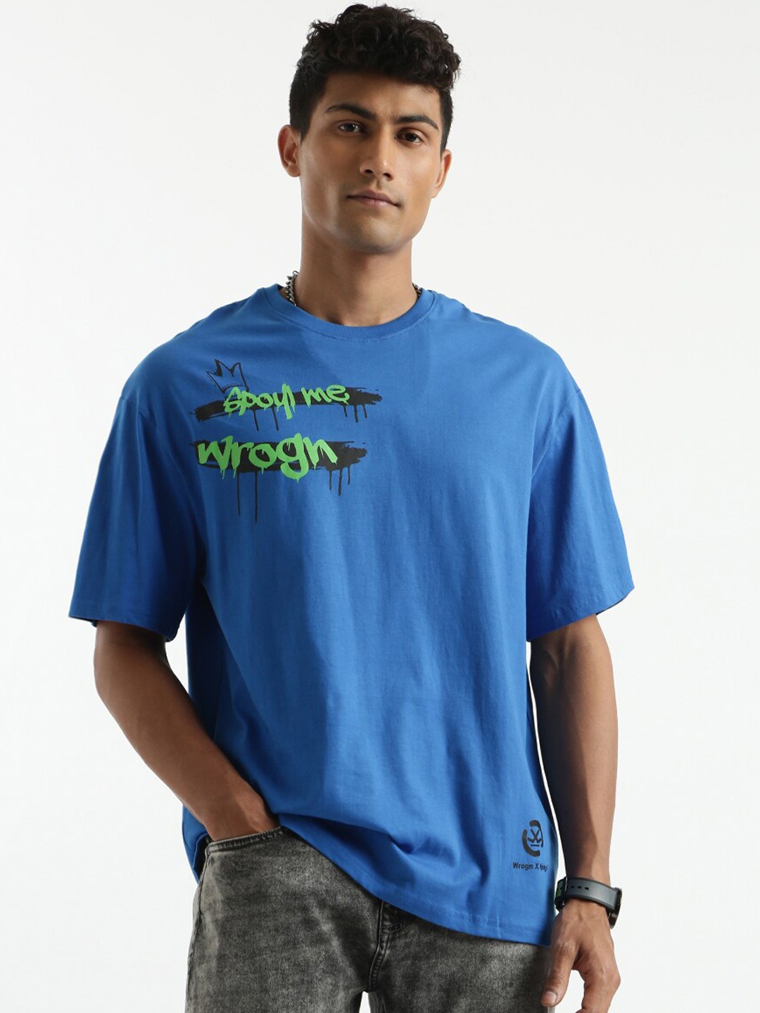 WROGN Typography Printed Cotton Boxy T-shirt, Blue