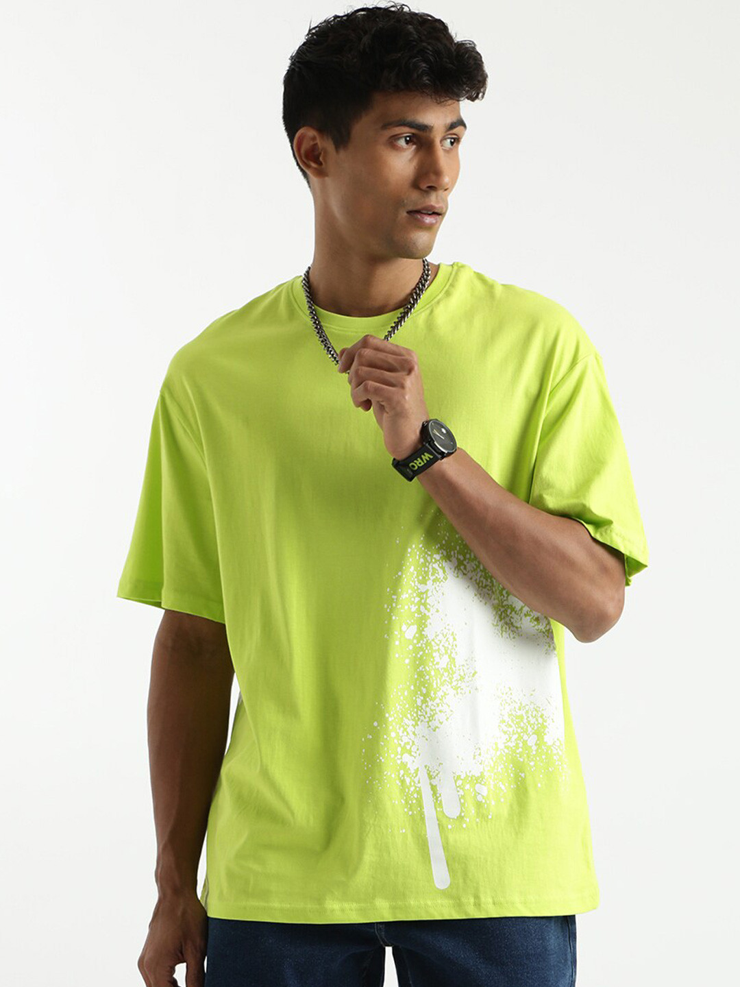 

WROGN Abstract Printed Drop Shoulder Sleeves Cotton Boxy T-shirt, Lime green