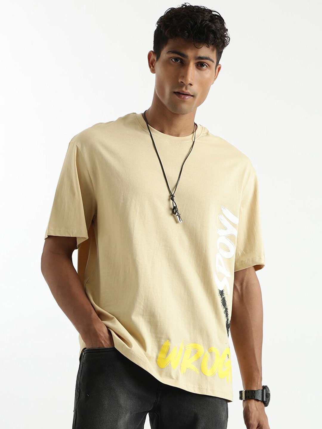 

WROGN Typography Printed Round Neck Cotton Boxy T-shirt, Beige