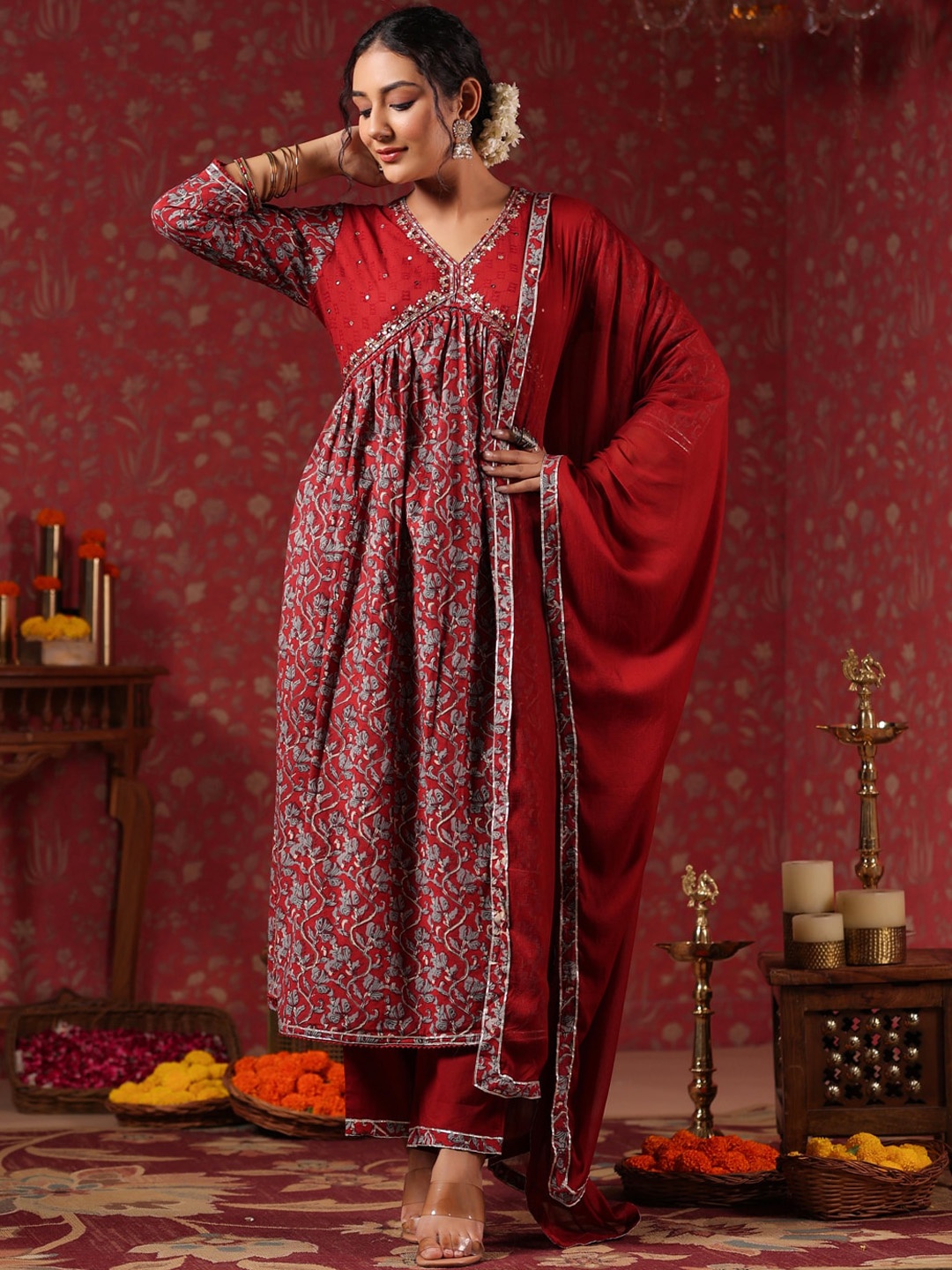

Ishin Maroon Ethnic Motifs Printed Pure Cotton Kurta With Trousers & Dupatta