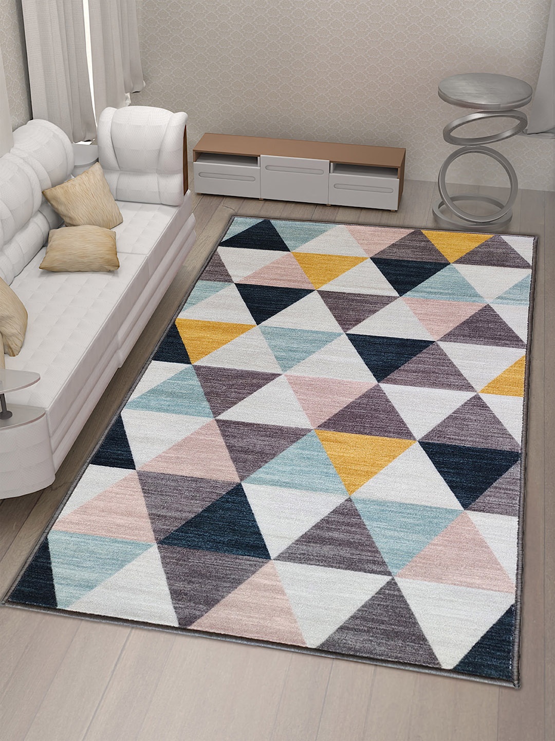 

Athom Living White & Blue Geometric Printed Anti-Skid Carpet