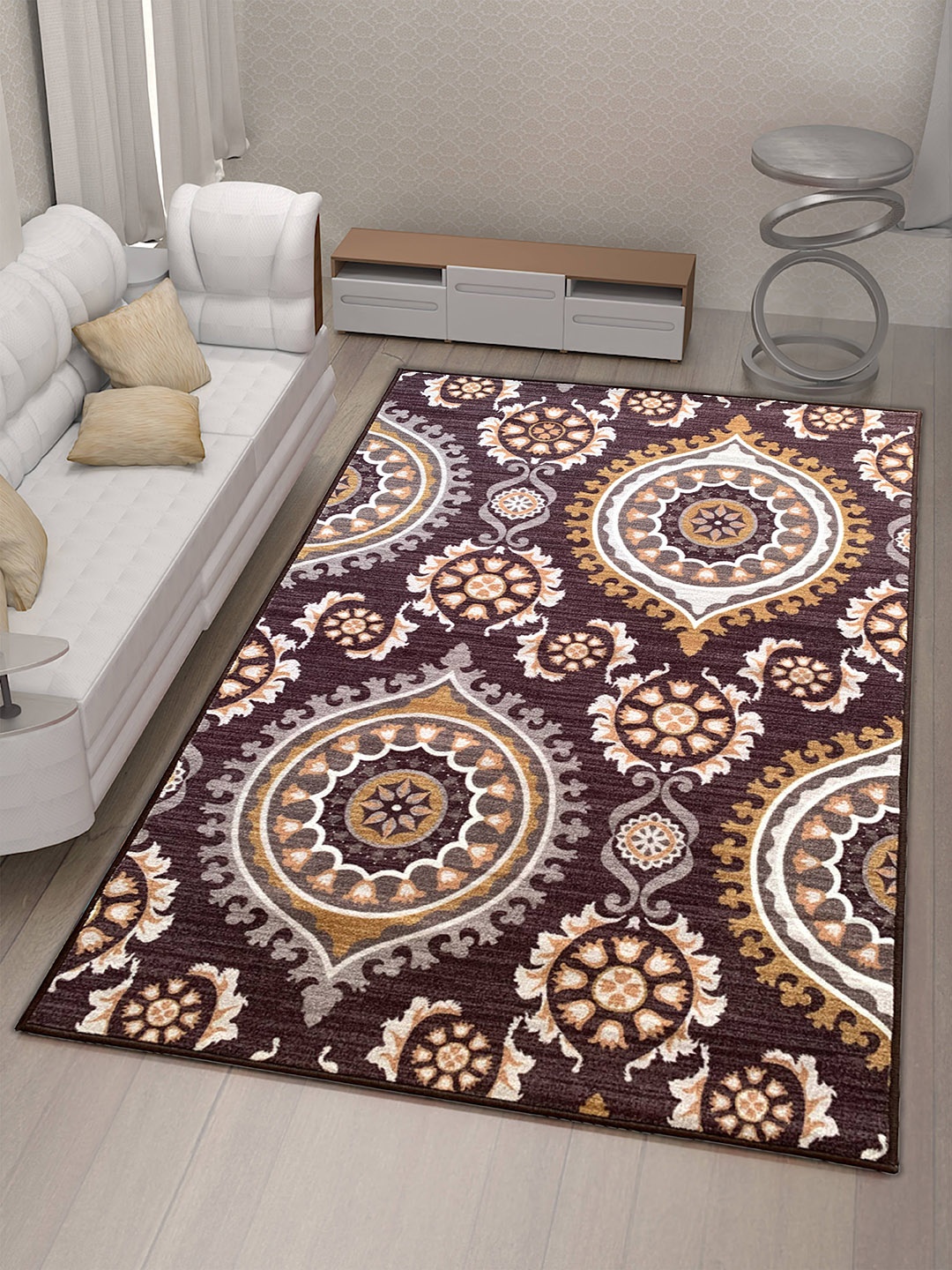 

Athom Living Brown Ethnic Design Anti-Skid Rectangular Carpet, Coffee brown