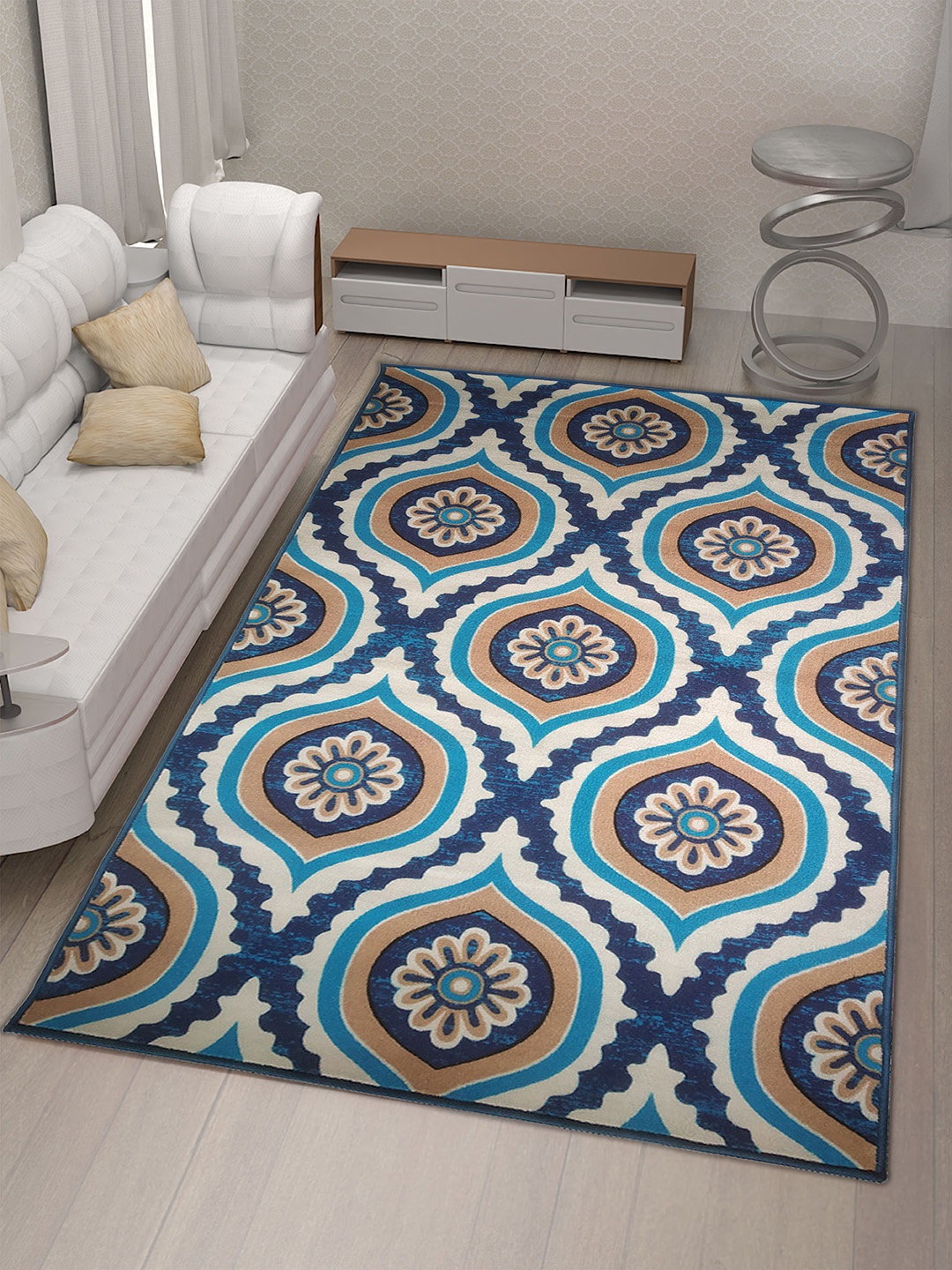 

Athom Living White & Blue Printed Anti-Skid Carpet
