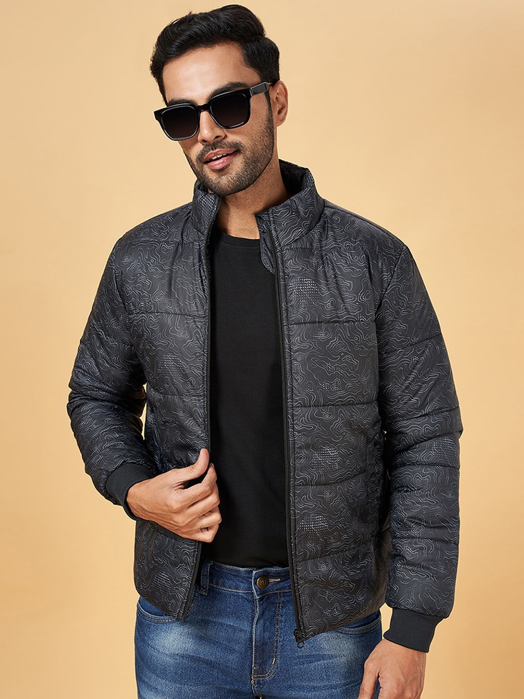 

YU by Pantaloons Abstract Printed Mock Collar Quilted Jacket, Black