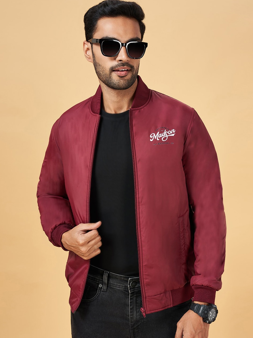 

YU by Pantaloons Stand Collar Bomber Jacket, Maroon