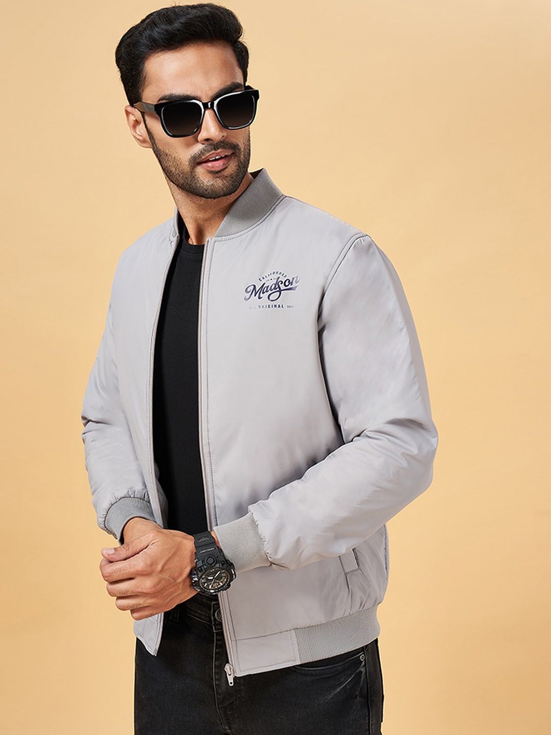 

YU by Pantaloons Stand Collar Bomber Jacket, Grey