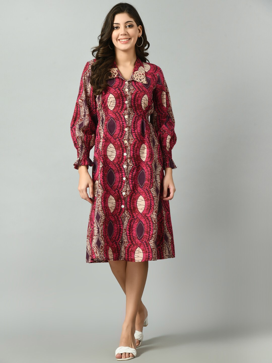 

DOISA Ethnic Motifs Printed Shirt Collar Puff Sleeve Cotton Formal A-Line Midi Dress, Maroon