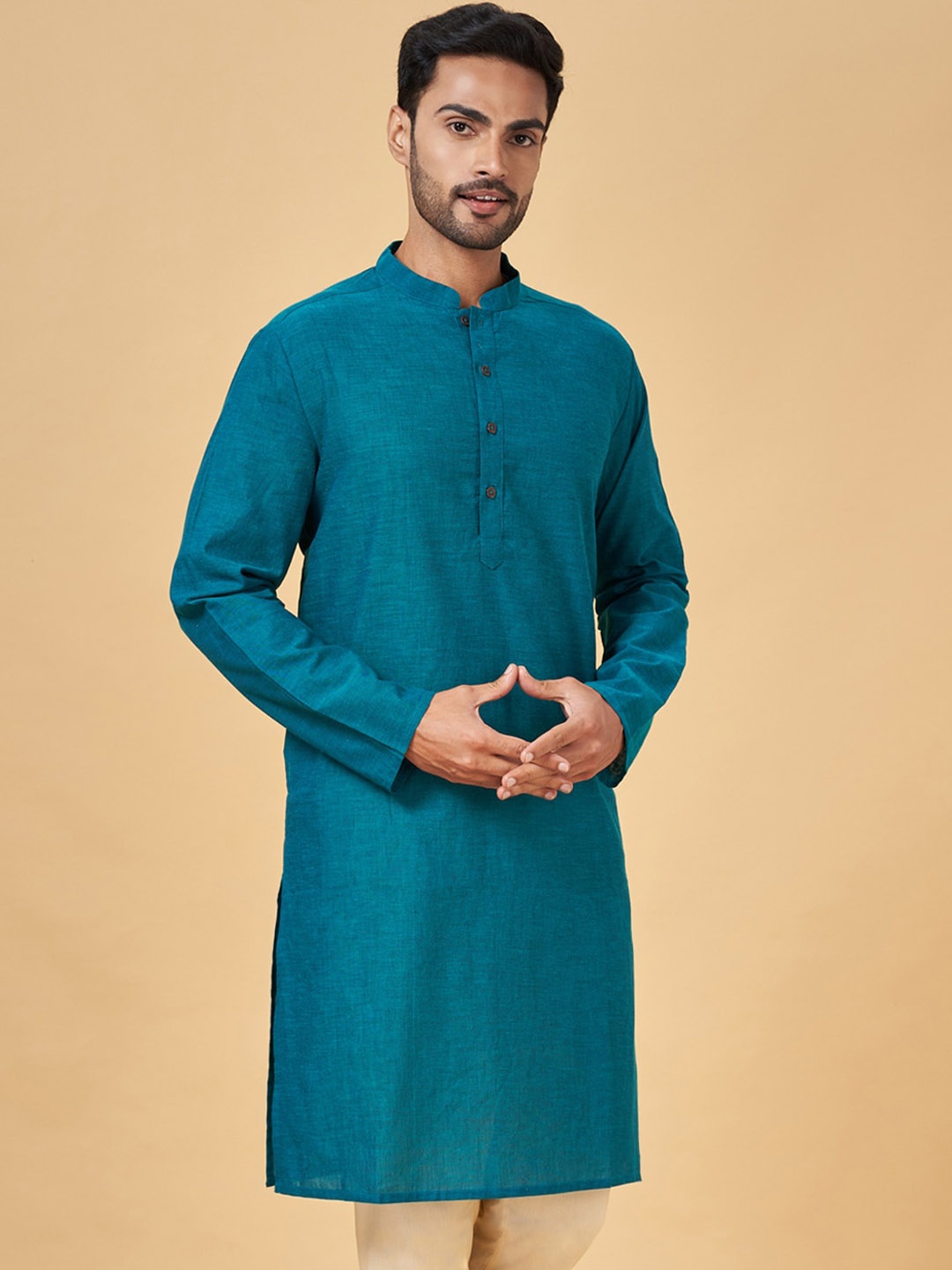 

indus route by Pantaloons Mandarin Collar Cotton Kurta, Teal