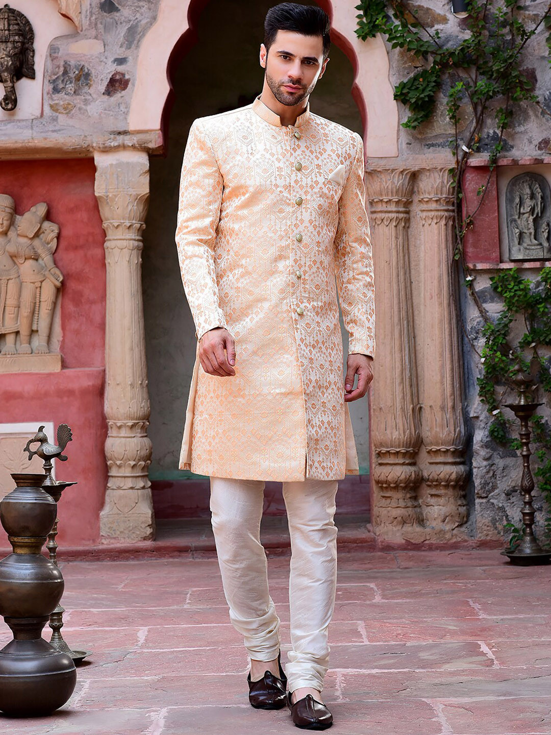 

HOUSE OF DEYANN Self Design Sherwani With Churidar, Orange