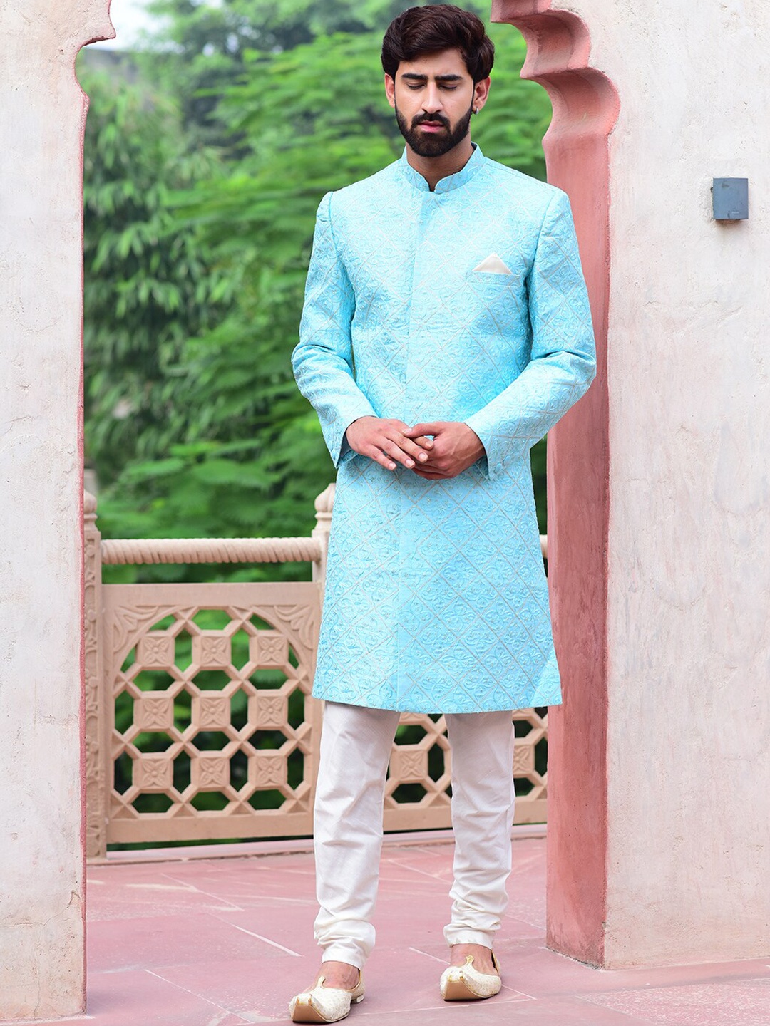 

HOUSE OF DEYANN Embroidered Mandarin Collar Sherwani Set, Blue