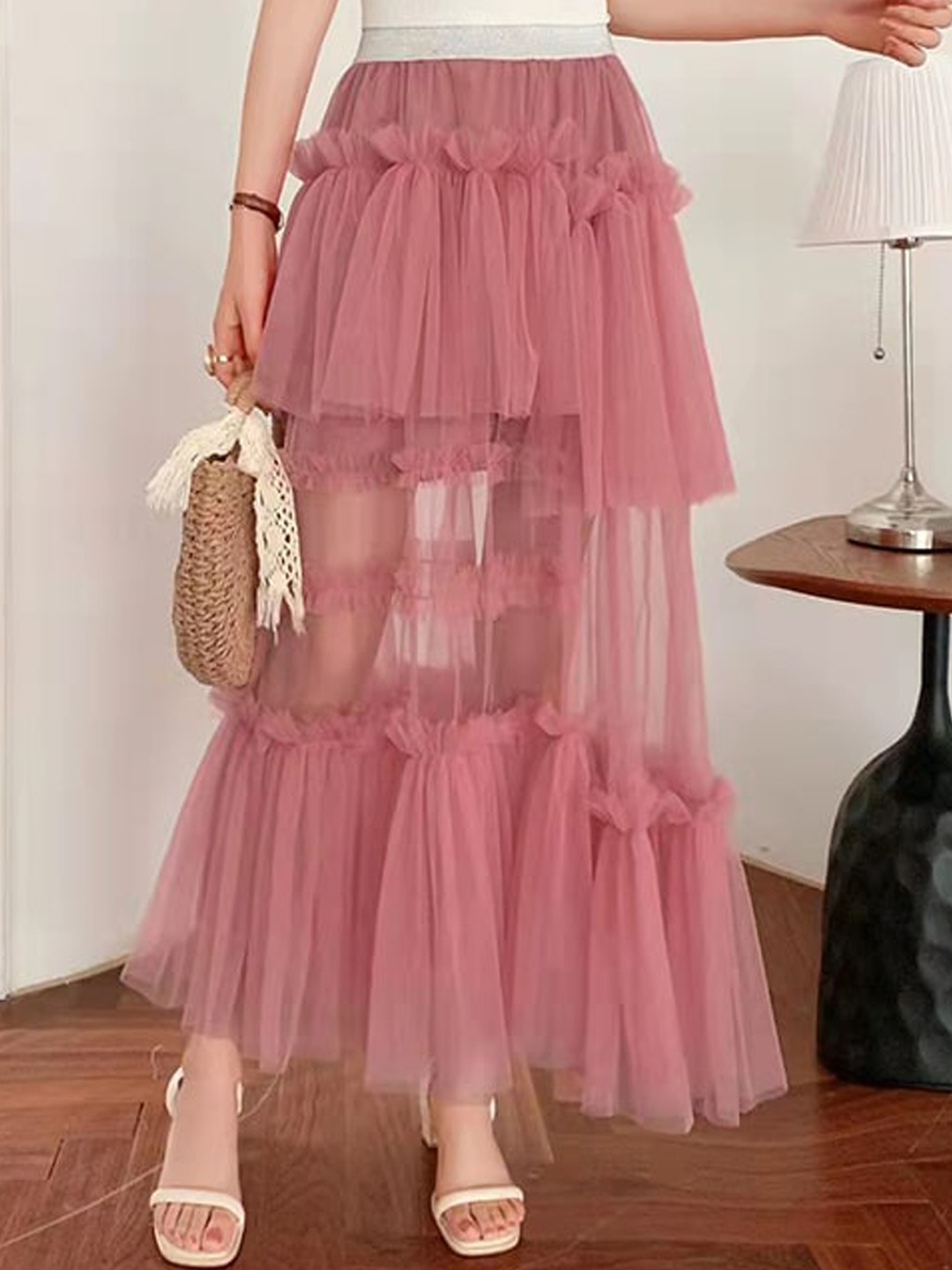 

StyleCast Pink Tiered Layered Flared Maxi Skirt