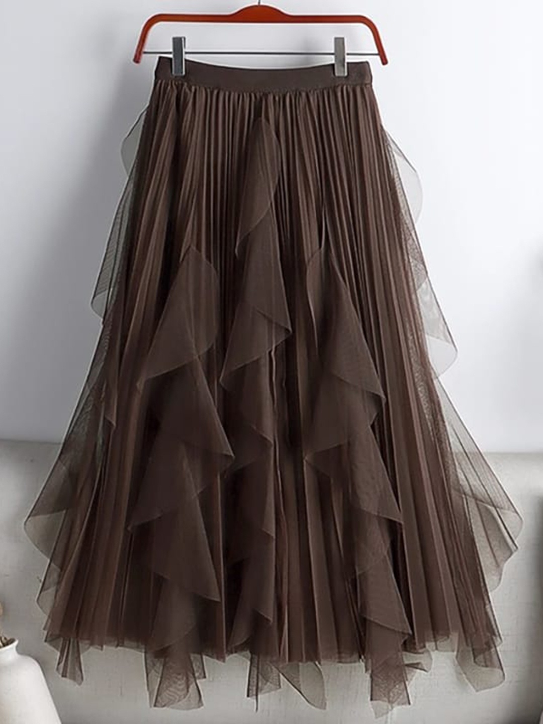 

StyleCast Brown Pleated Ruffles Detail Flared Midi Skirt