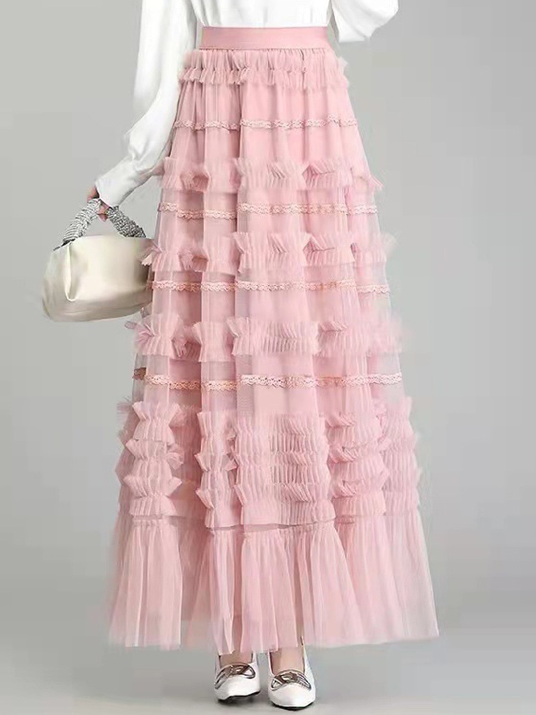 

StyleCast Pink Self Design Ruffles Maxi Flared Balloon Skirt