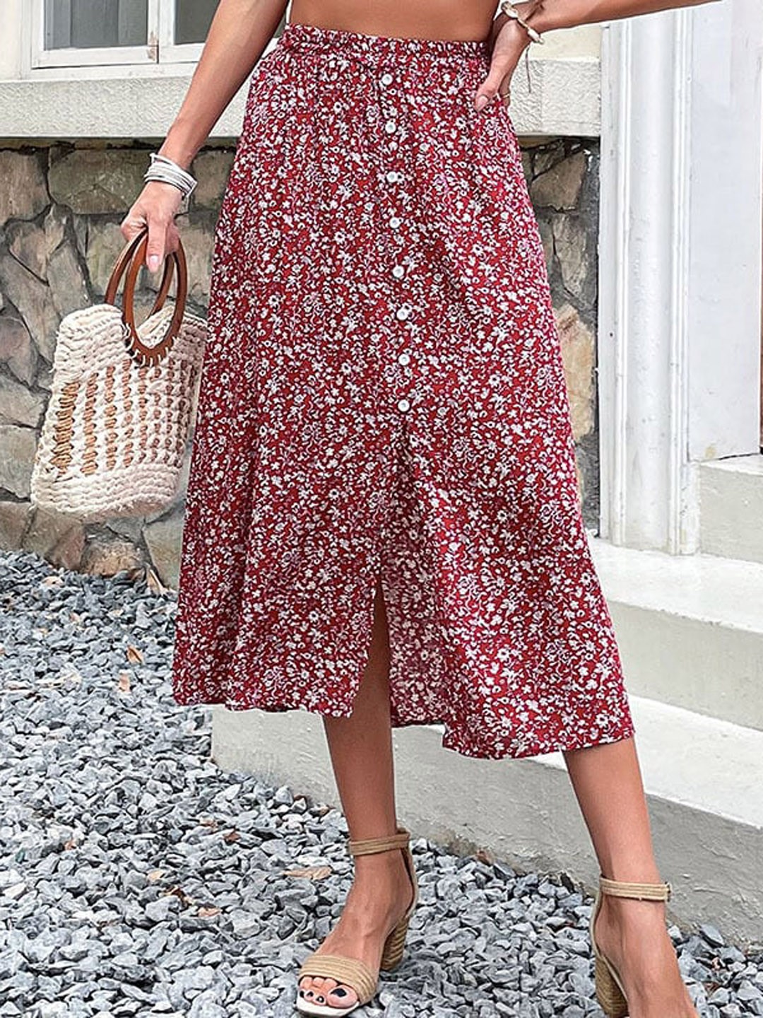 

StyleCast Pink Floral Printed A-Line Midi Skirt, Maroon