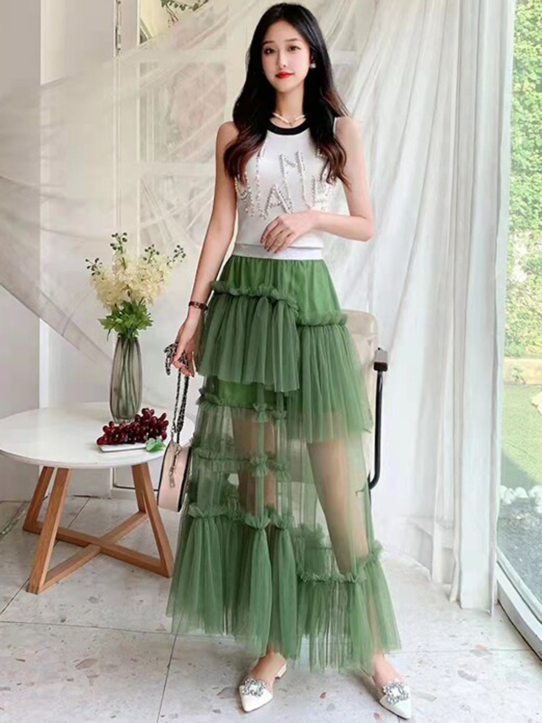 

StyleCast Green Ruffles Flared Maxi Skirt