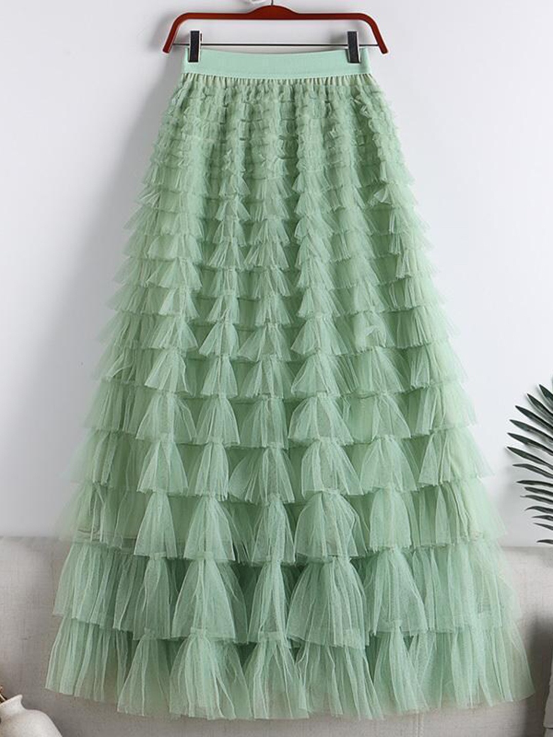 

StyleCast Green Self Design Layered Ruffles Flared Maxi Skirt