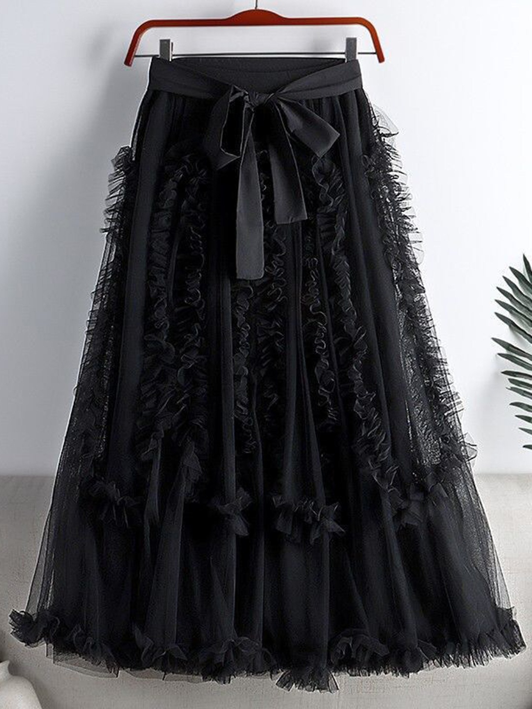 

StyleCast Black Lace Frills Bows and Ruffles Layered Flared Maxi Skirt