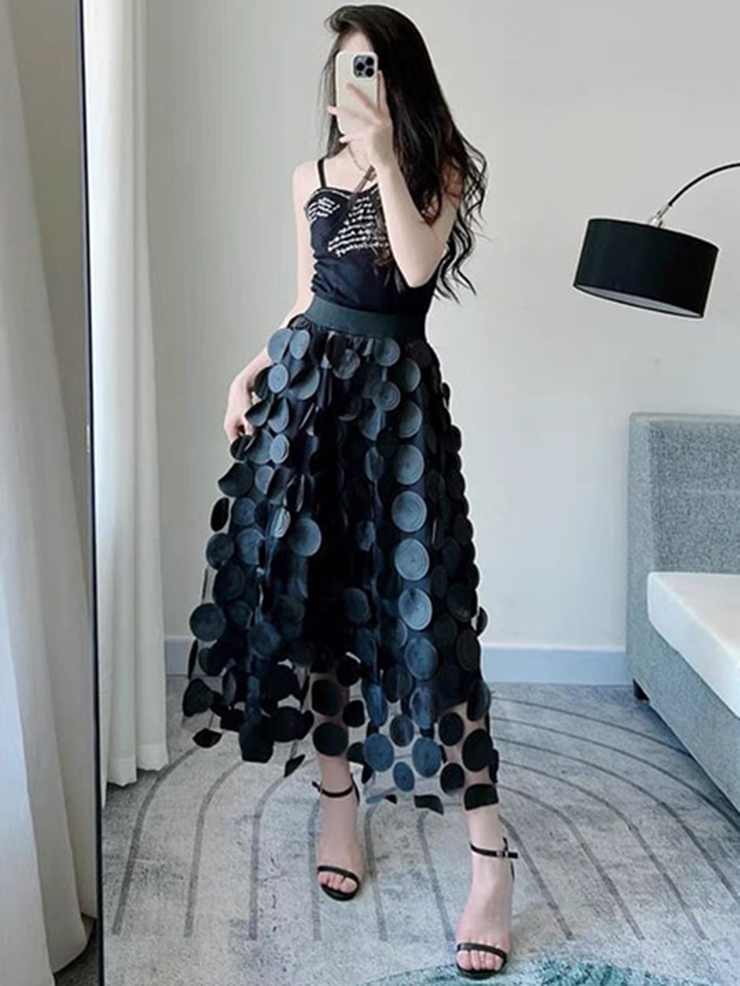 

StyleCast Black Flared Embellished Midi Skirt
