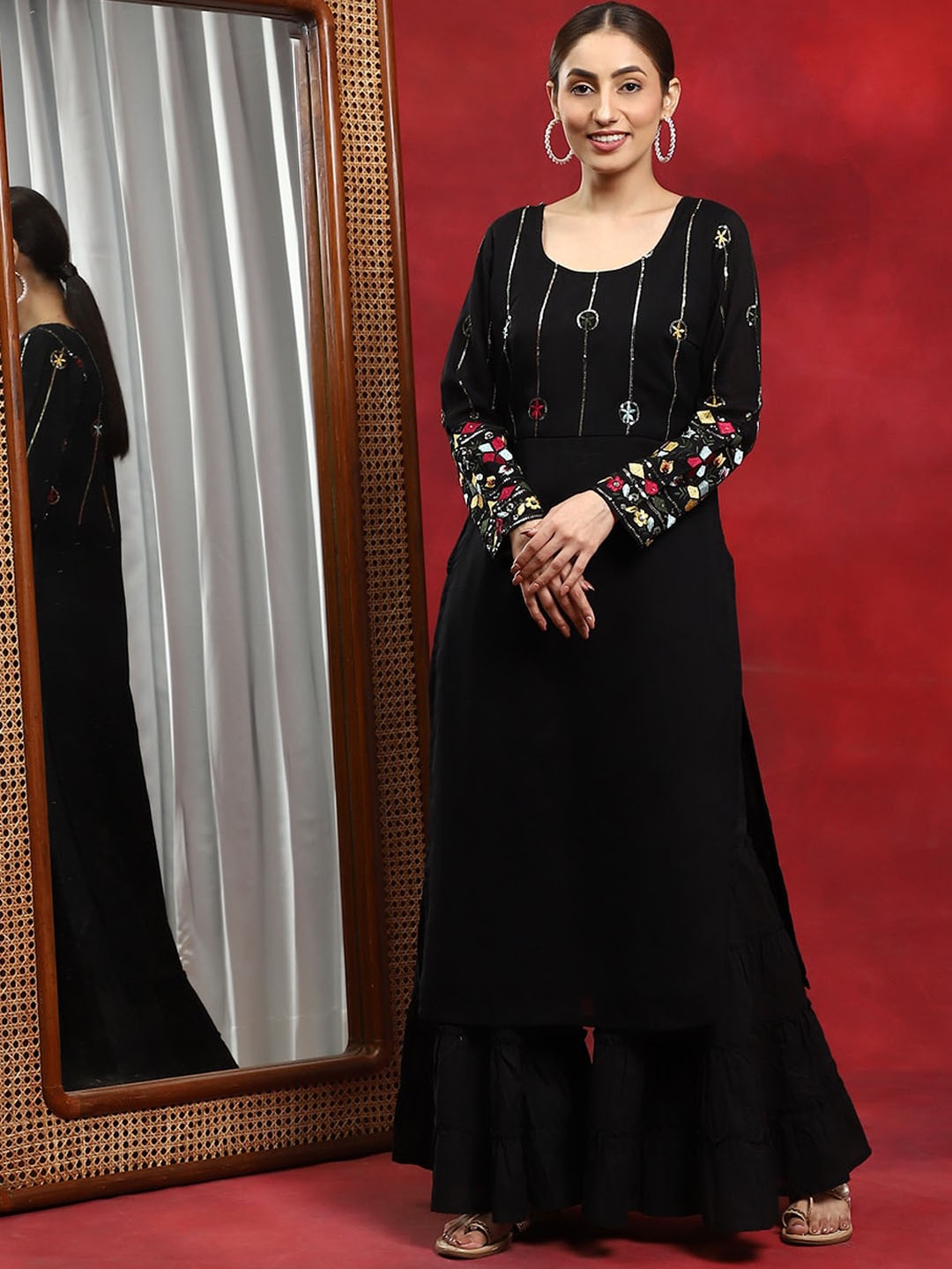 AKS Couture Floral Embroidered Sequinned Silk Kurta, Black