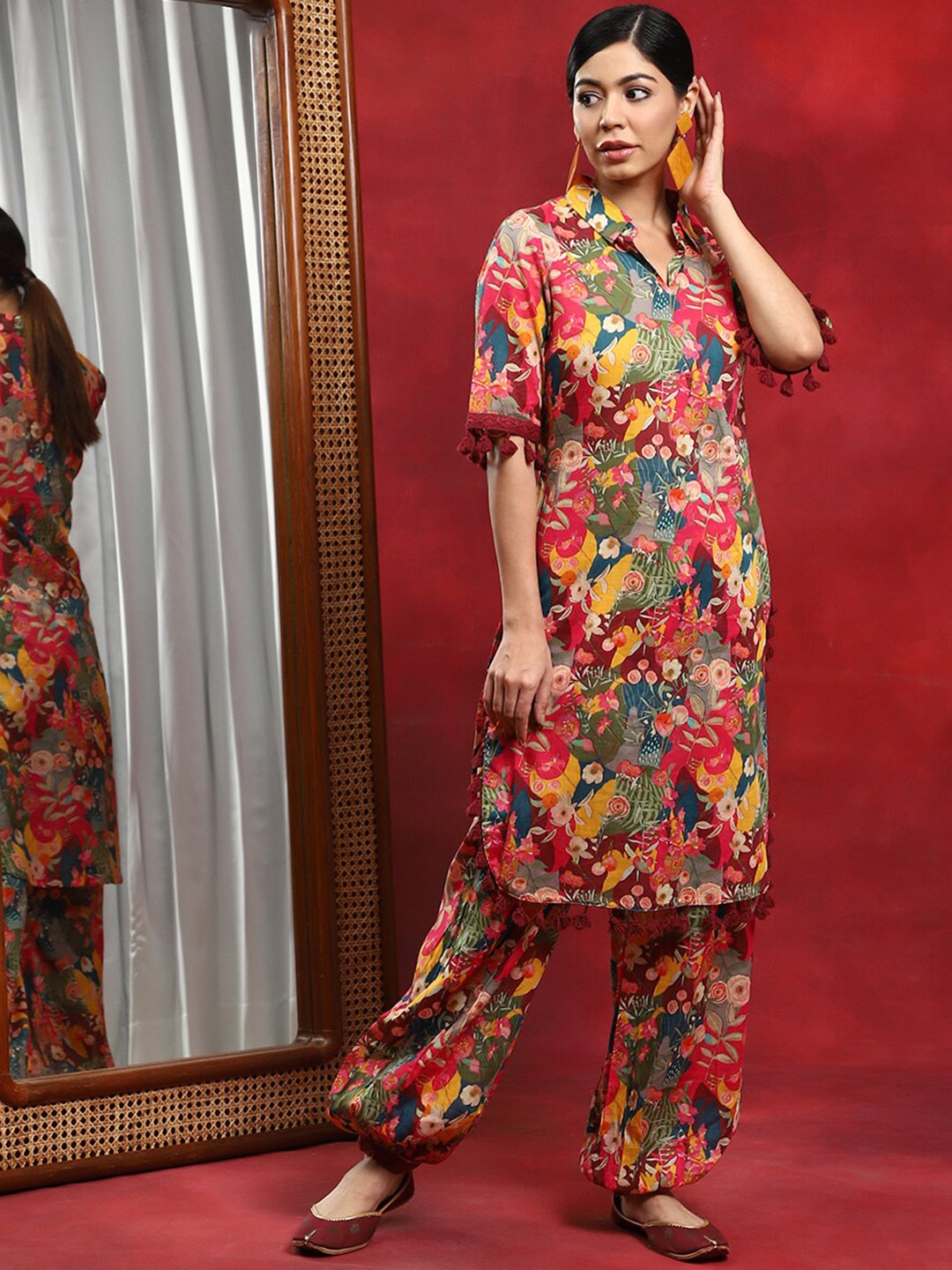

AKS Couture Floral Printed Shirt Collar Regular Pure Cotton Kurta With Salwar, Red