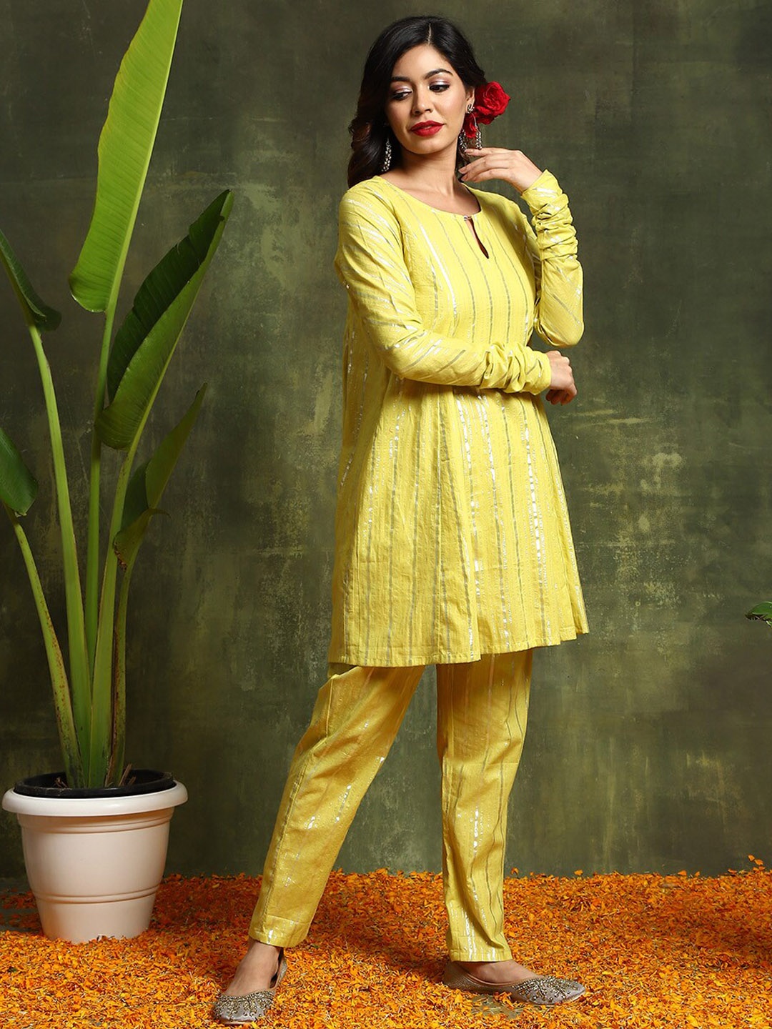 

AKS Couture Striped Keyhole Neck Long Sleeves A-Line Pure Cotton Kurti With Trousers, Yellow