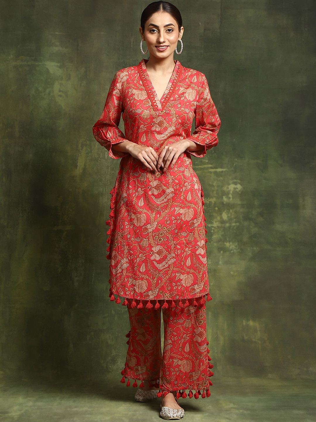 

AKS Couture Floral Printed V-Neck Regular Pure Cotton Kurta With Palazzos, Red