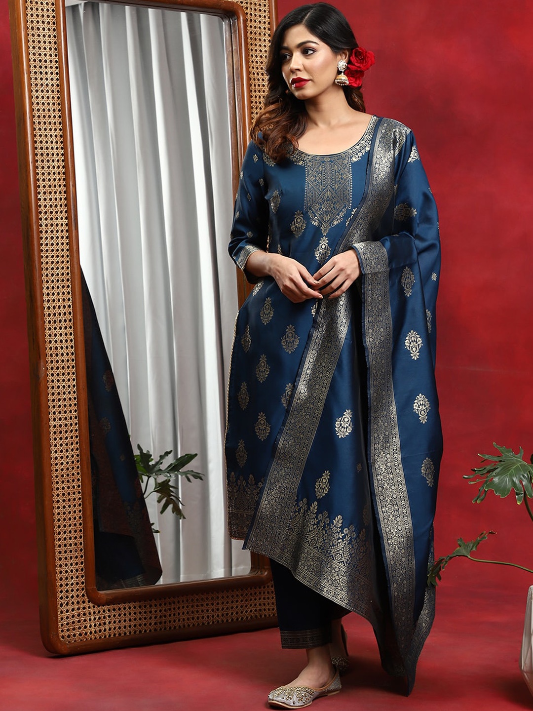 

AKS Couture Ethnic Motifs Woven Design Regular Gotta Patti Kurta With Trousers & Dupatta, Blue