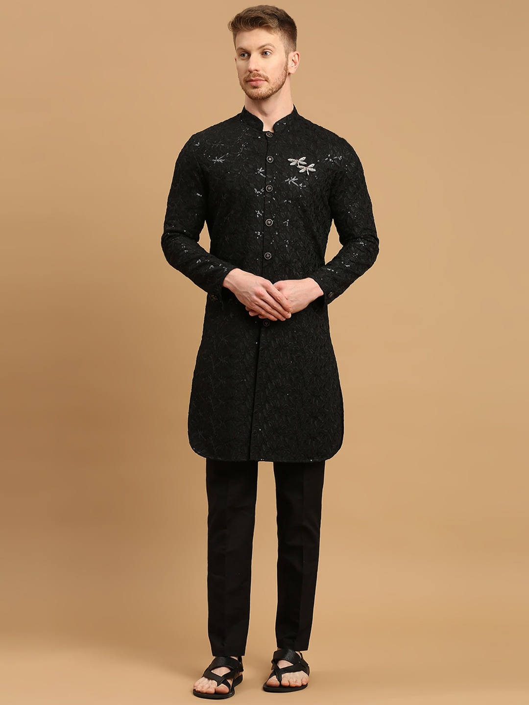 

ESSAS club Floral Embroidered Sequined Chikankari Kurta with Pyjamas, Black