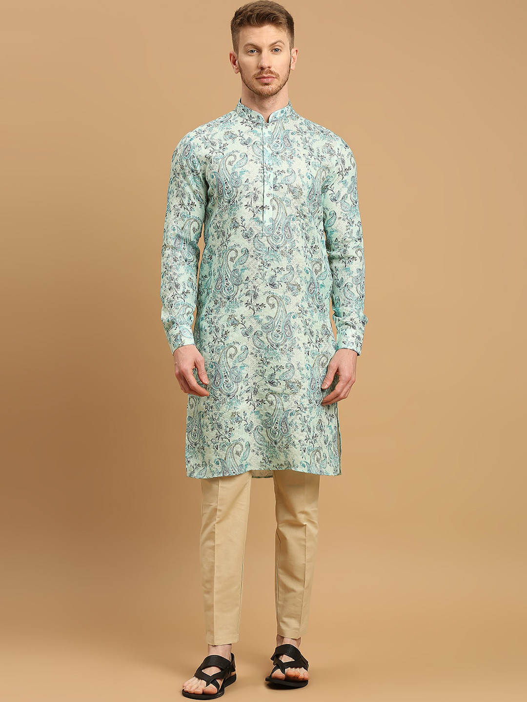 

ESSAS club Ethnic Motifs Woven Design Thread Work Mandarin Collar Straight Kurta, Sea green