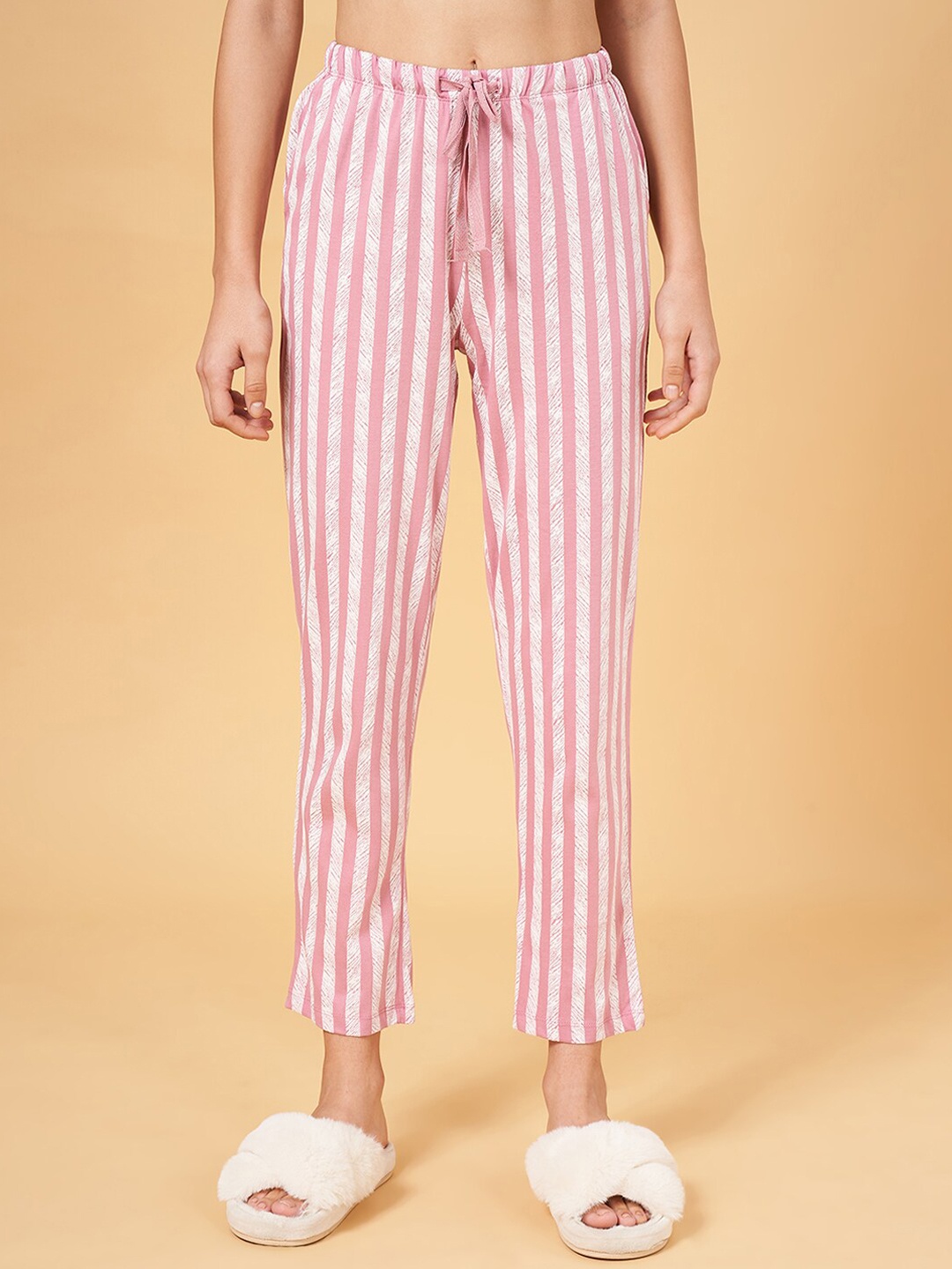 

Dreamz by Pantaloons Women Striped Straight Cotton Lounge Pants, Pink