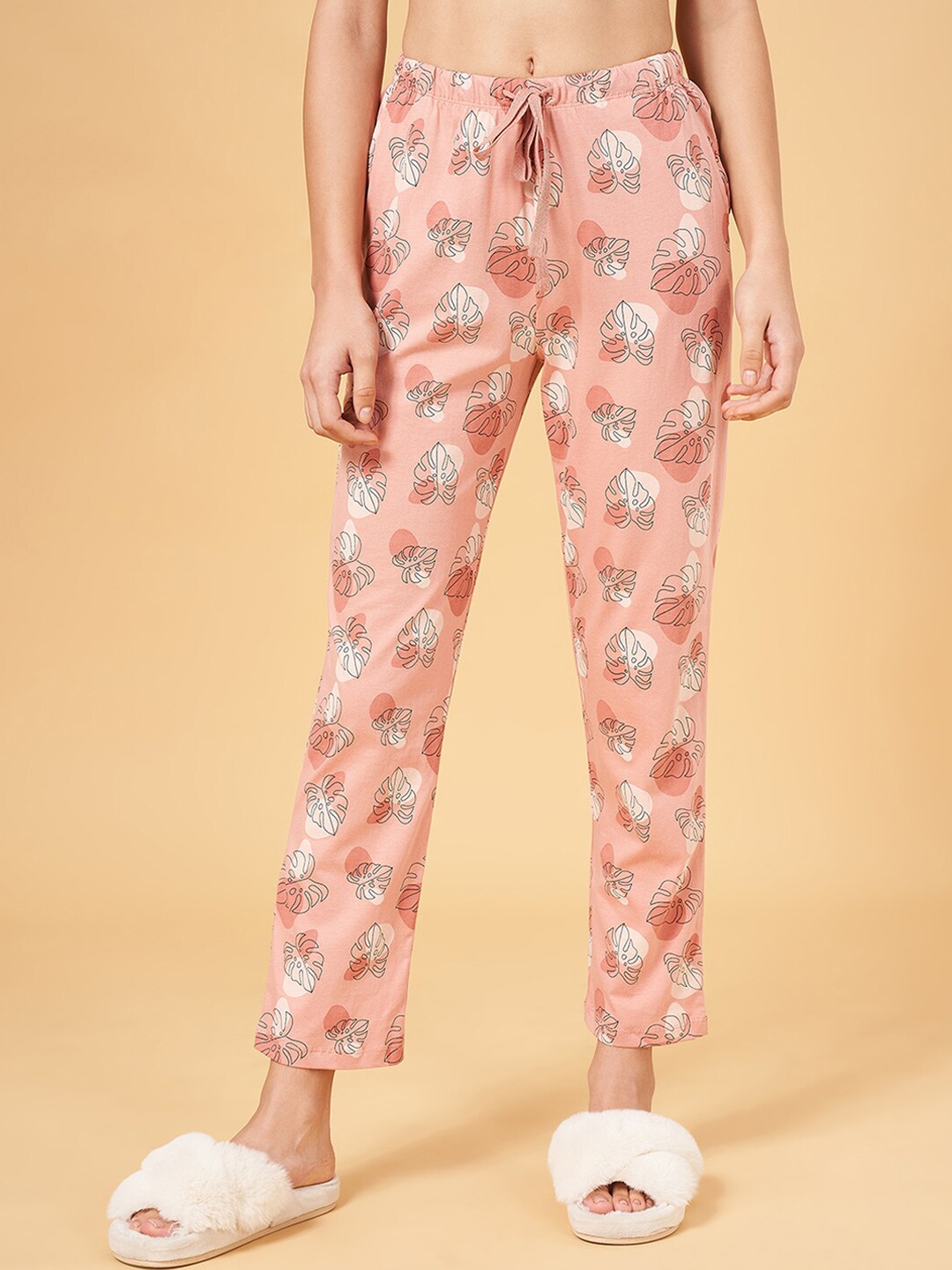 

Dreamz by Pantaloons Women Floral Printed Cotton Straight Lounge Pants, Peach