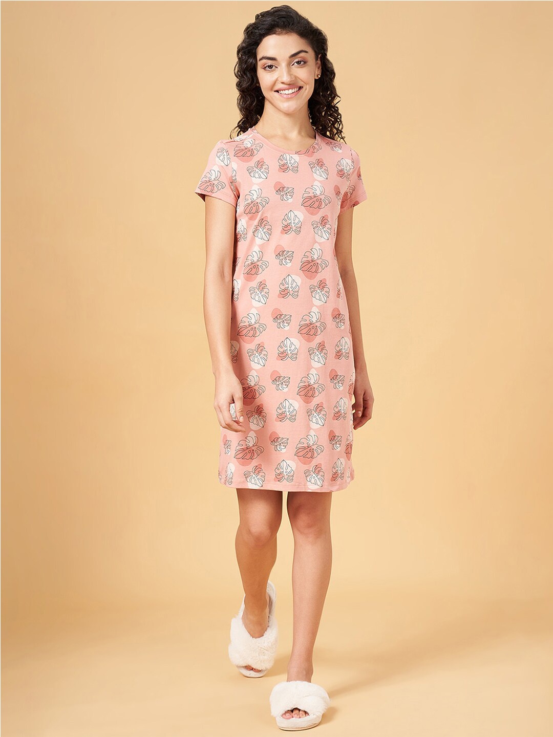 

Dreamz by Pantaloons Tropical Printed Pure Cotton T-shirt Nightdress, Rust