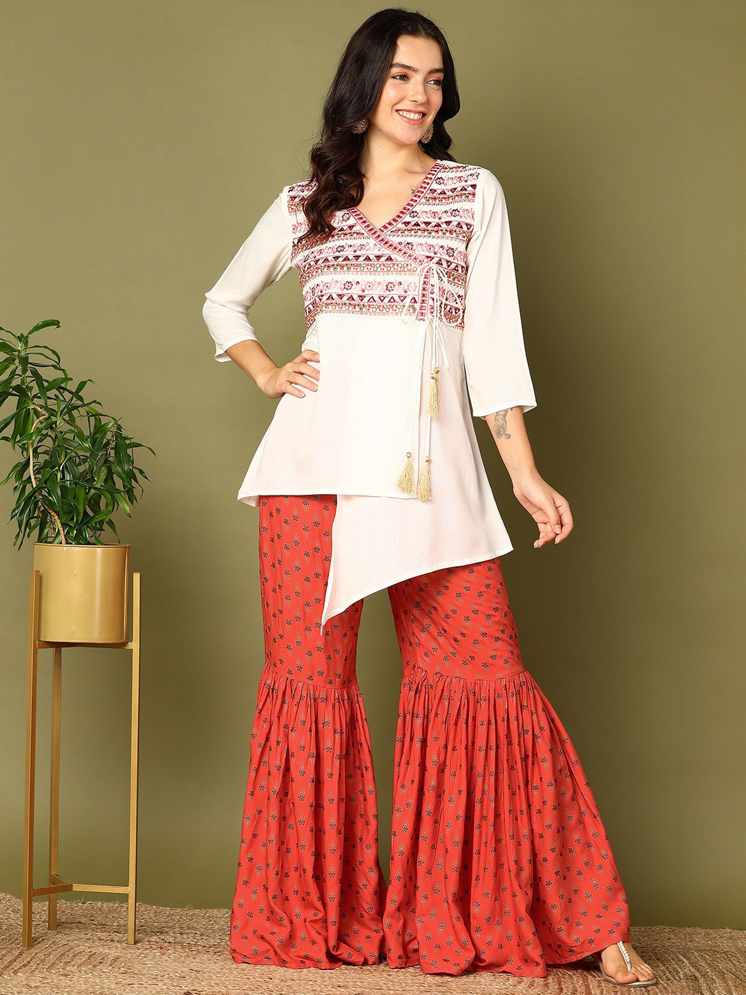 

HERE&NOW White Floral Embroidered Asymmetric Angrakha A-Line Kurta with Sharara