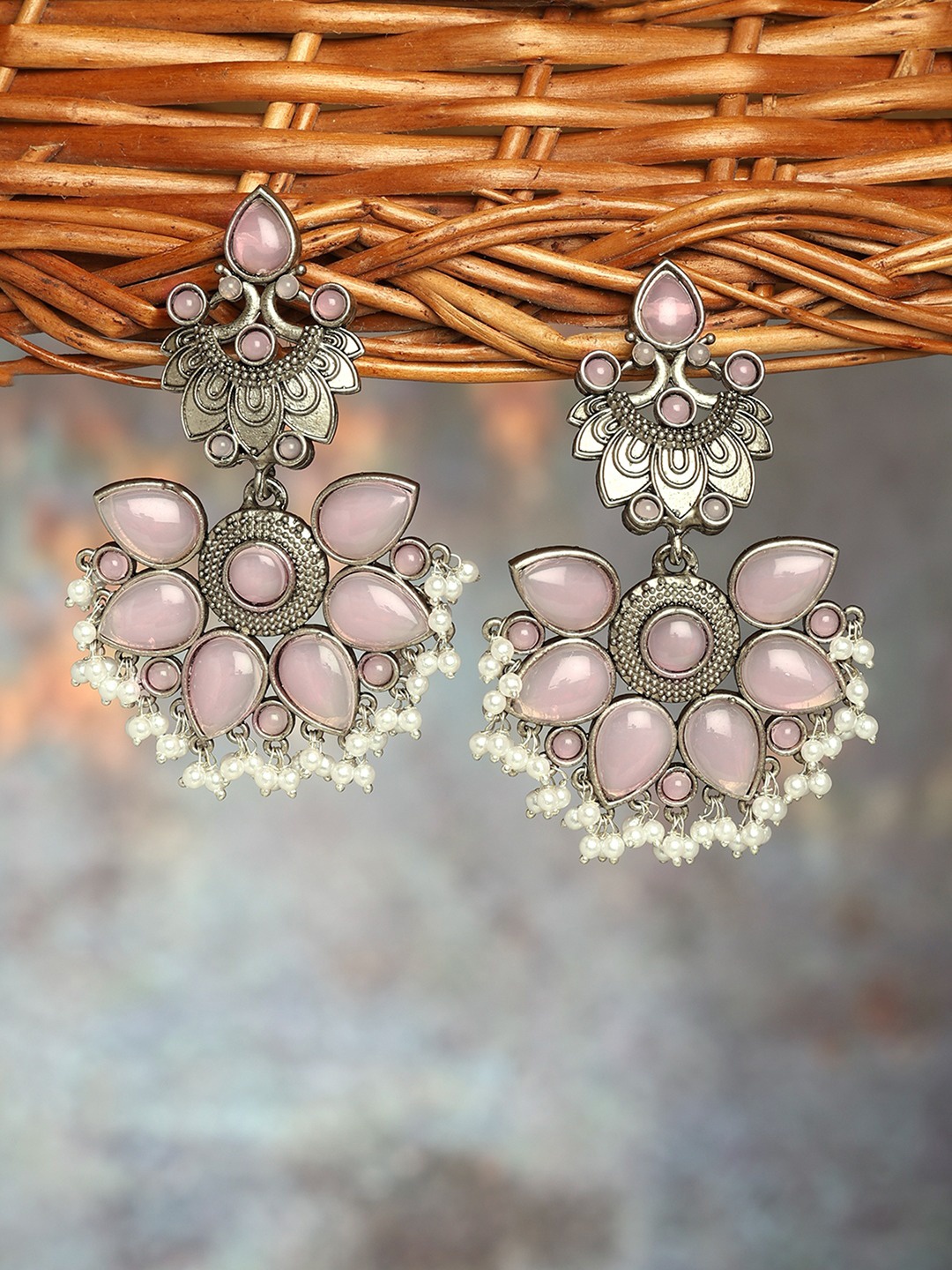 

Zaveri Pearls God Plated Oxidised Floral Drop Earrings, Pink