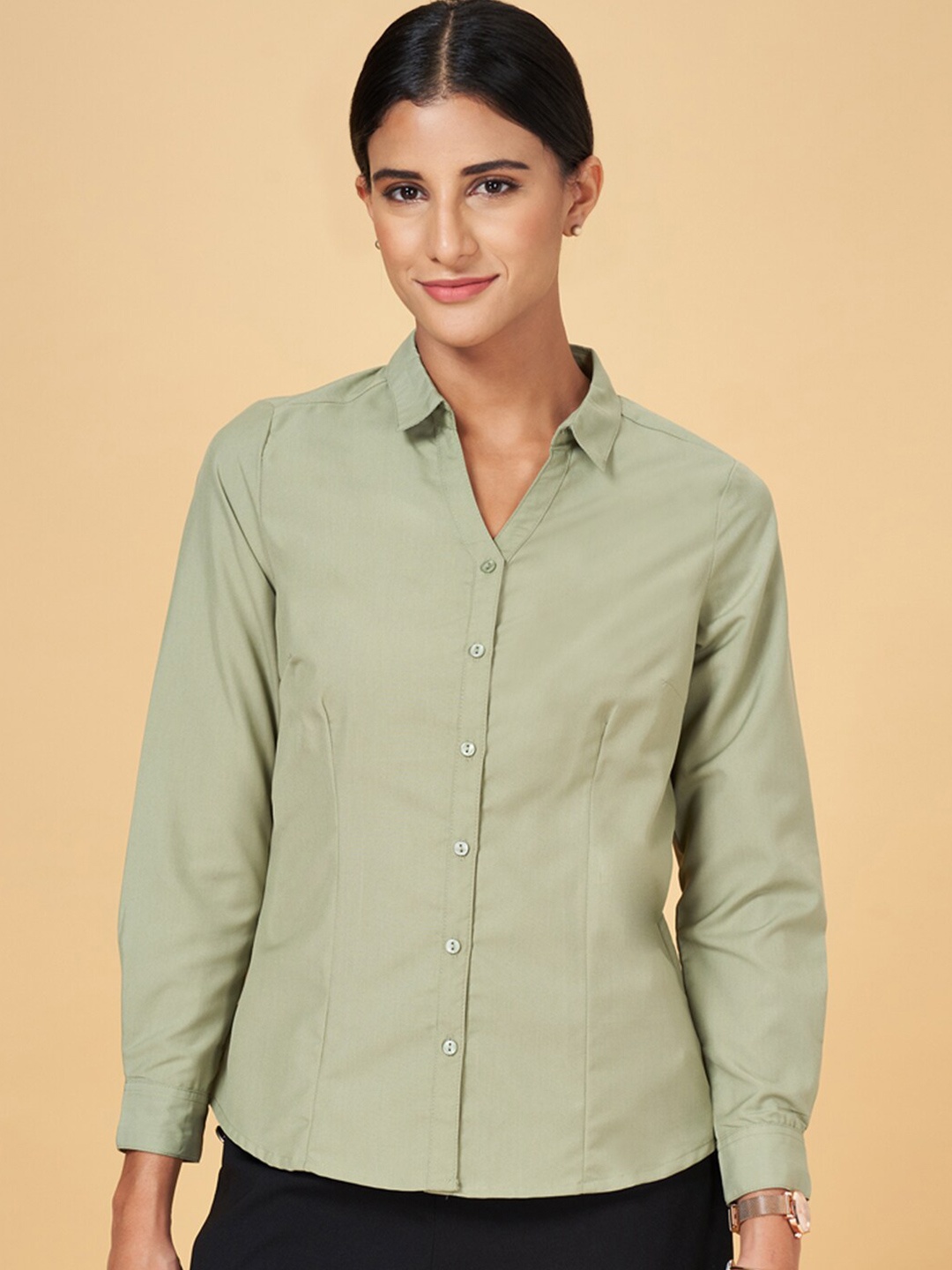 

Annabelle by Pantaloons Spread Collar Formal Shirt, Olive