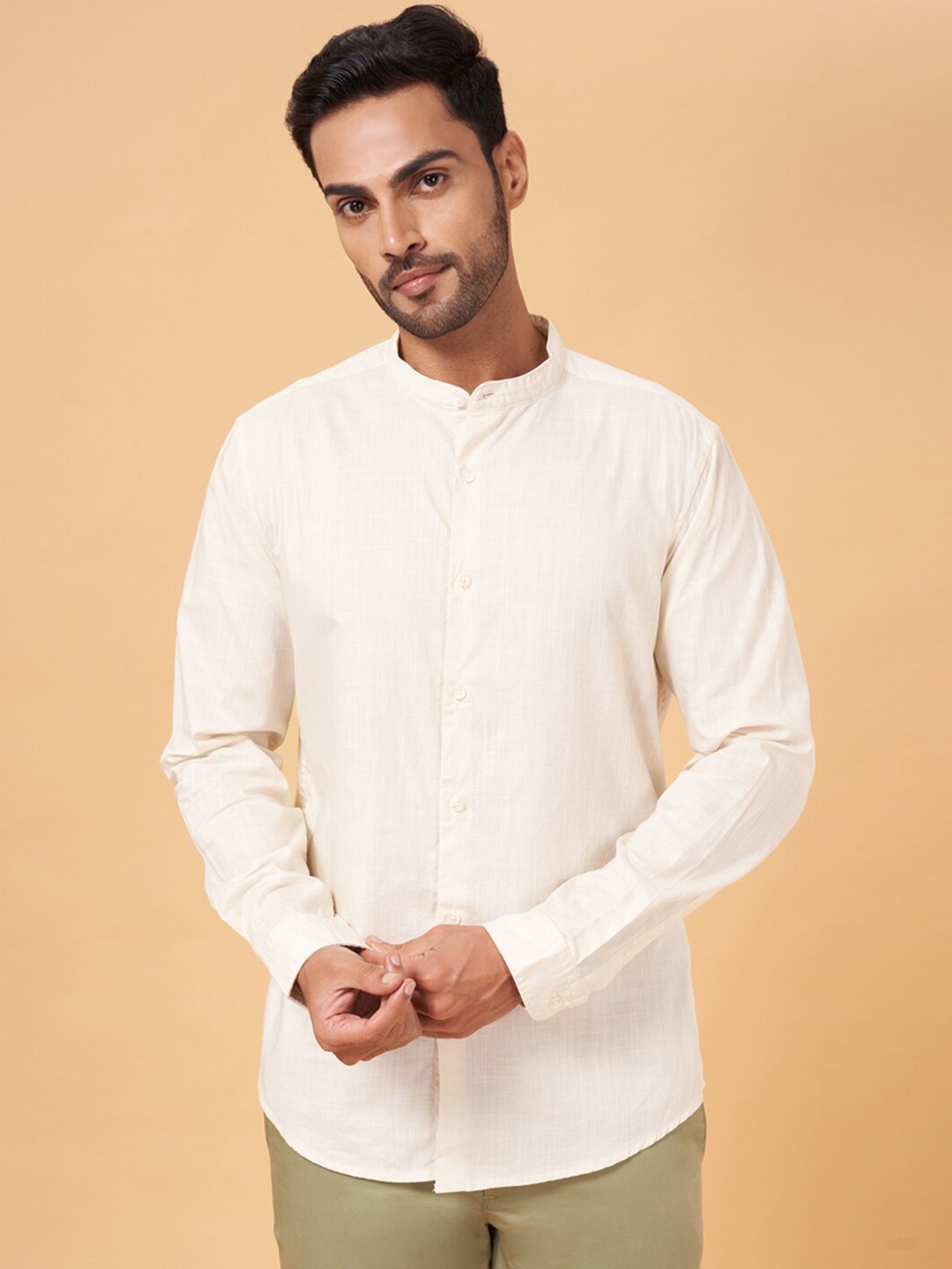 

BYFORD by Pantaloons Band Collar Slim Fit Pure Cotton Casual Shirt, Off white