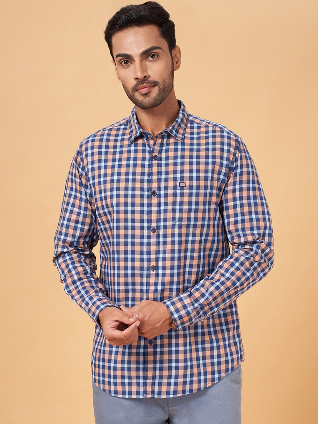 

BYFORD by Pantaloons Gingham Checked Slim Fit Twill Pure Cotton Casual Shirt, Blue