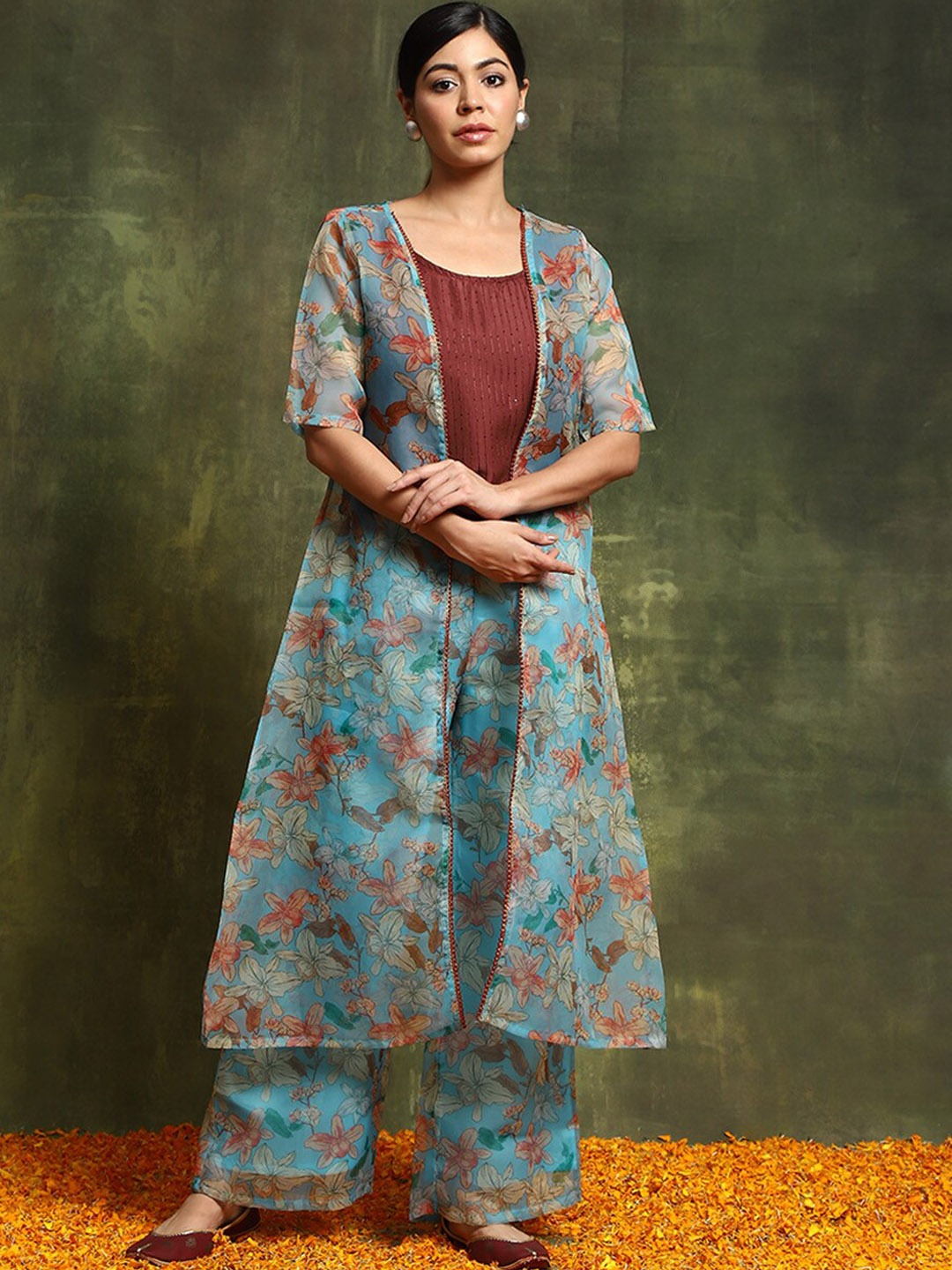 

AKS Embellished Top With Printed Palazzos & Shrug, Rust