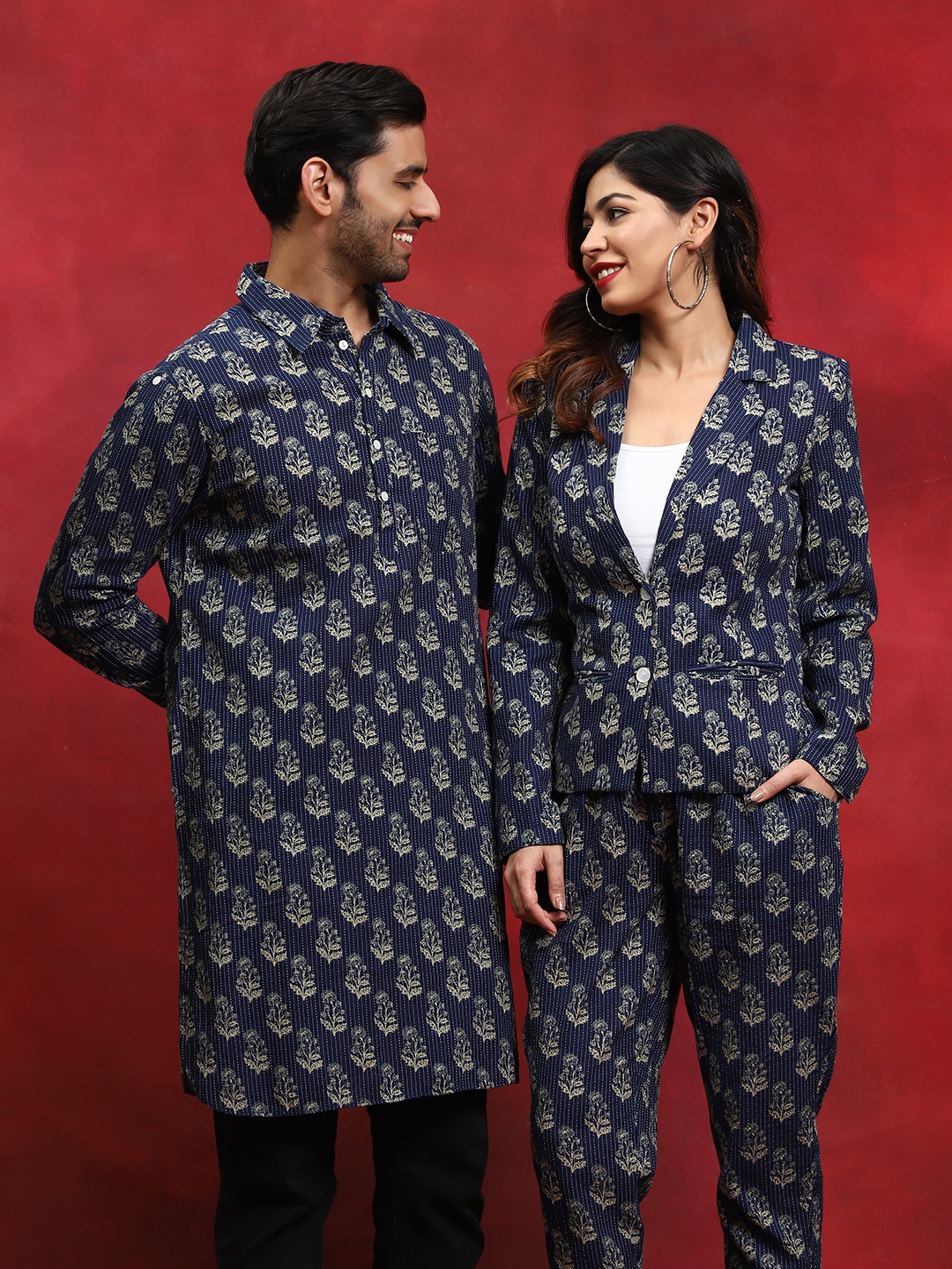 

AKS Printed Pure Cotton Coat And Trousers, Navy blue