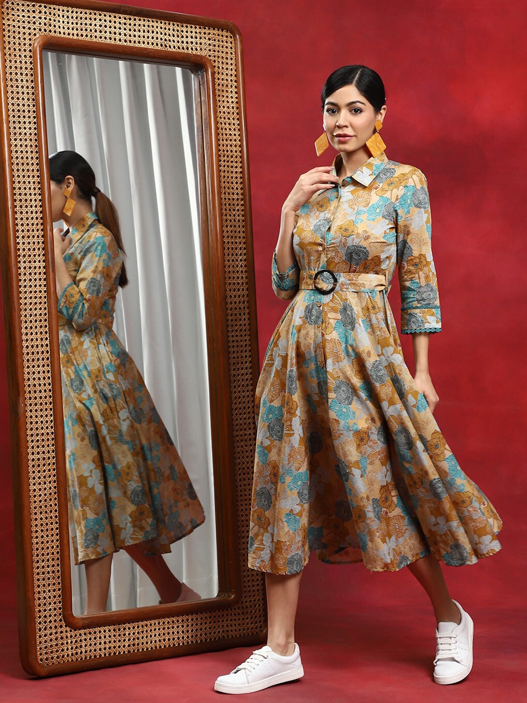 

AKS Floral Printed Belted Shirt Midi Cotton Dress, Yellow