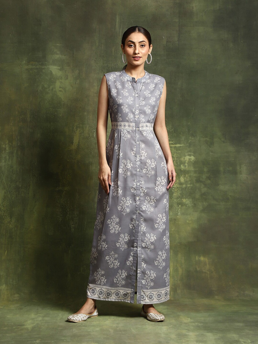 

AKS Floral Printed Linen A-Line Ethnic Dress, Grey