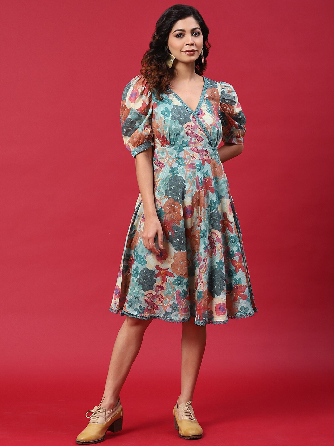 

AKS Floral Printed V-Neck A-Line Midi Dress, Multi