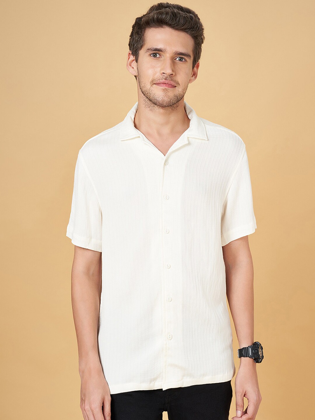 

People Off White Textured Cuban Collar Casual Shirt