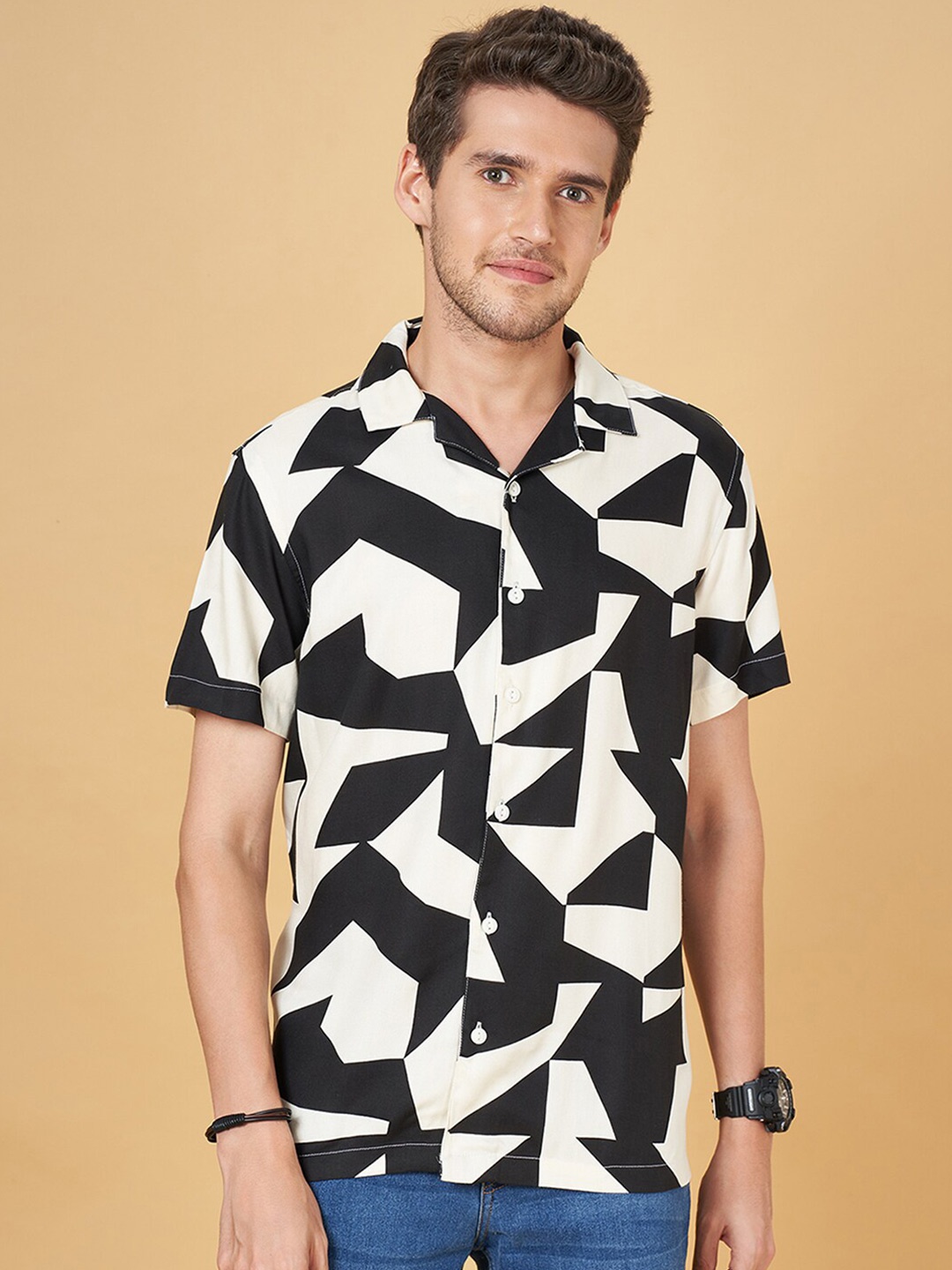 

People Black Geometric Printed Cuban Collar Casual Shirt