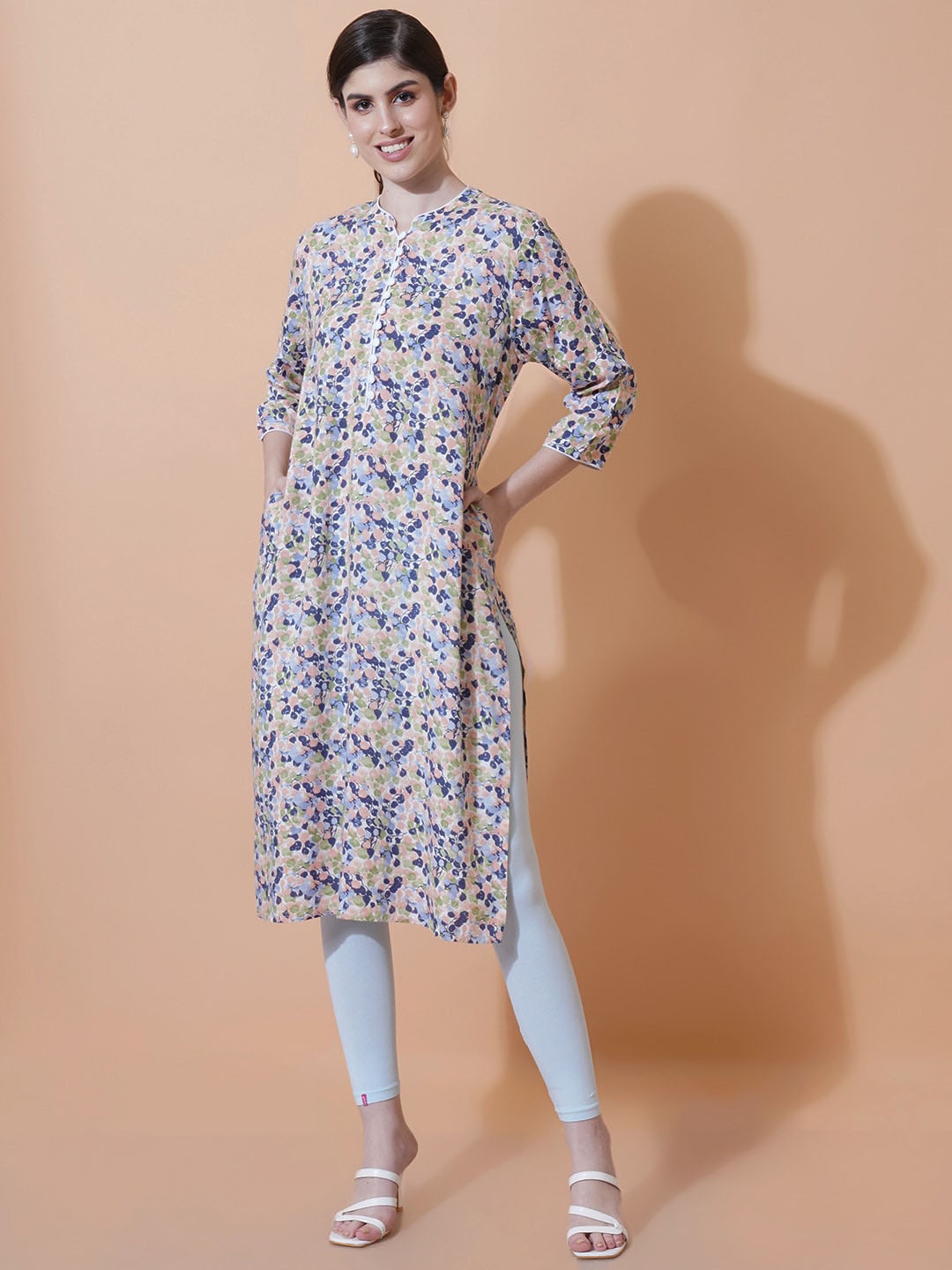 

IX IMPRESSION Floral Printed Mandarin Collar Straight Kurta, Blue