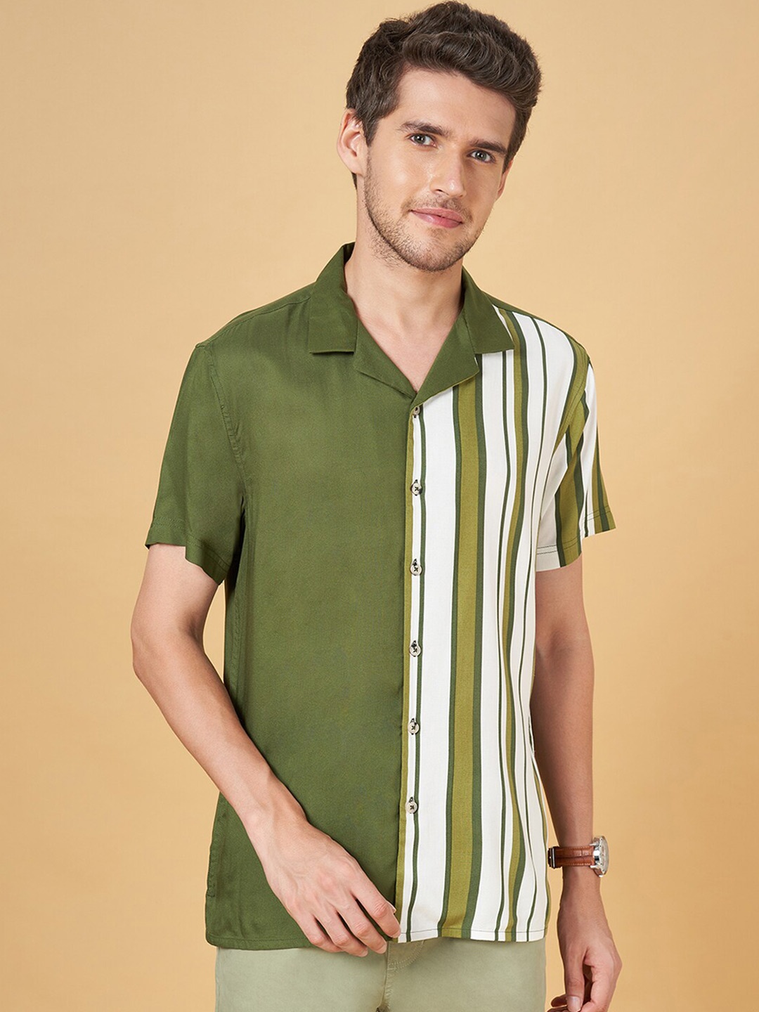 

Urban Ranger by pantaloons Slim Fit Striped Cotton Casual Shirt, Green