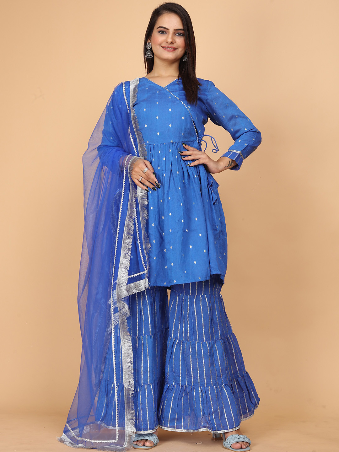 

Riddhi Textile Hub Ethnic Motifs Woven Design V-Neck Angrakha Kurta with Sharara & Dupatta, Blue