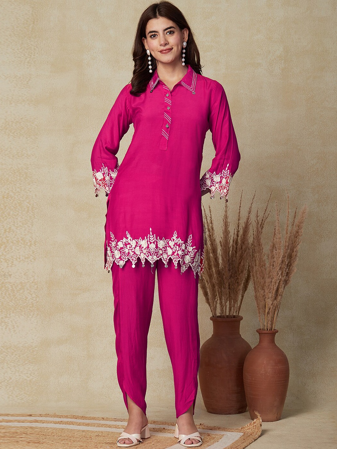 

FASHOR Pink Floral Embroidered Tunic & Dhoti Pants