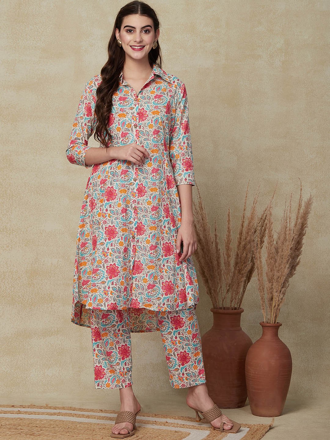 

FASHOR Floral Printed Shirt Collar Pure Cotton A-Line Kurta with Trouser, Cream