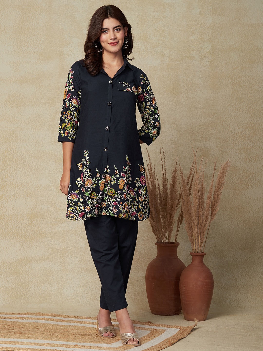 

FASHOR Floral Printed Shirt Collar Pure Cotton A-Line Kurta with Trouser, Navy blue